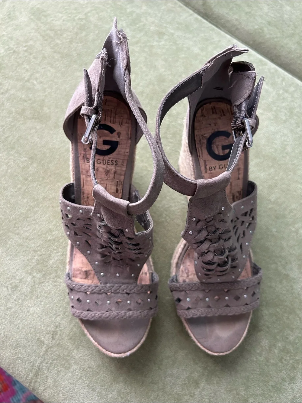 Guess Taupe Suede Studded Espadrille Wedge Sandals